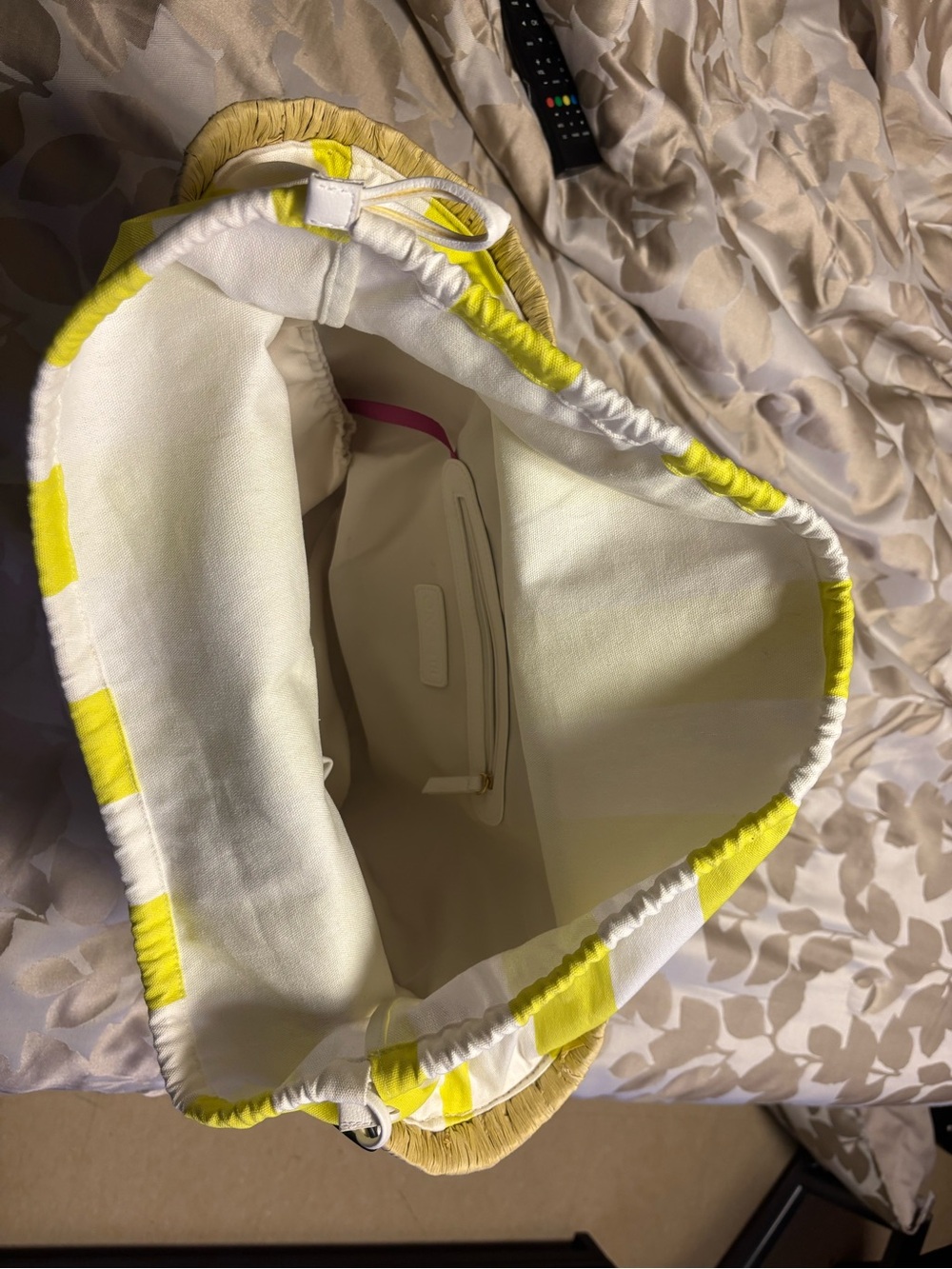 Striped Yellow-Lined Woven Tote with White Trim beach bag. - Picture 3 of 3